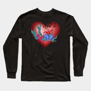 Heart with blue and red flowers and green branches Long Sleeve T-Shirt